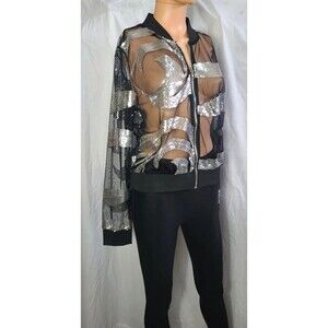 Touch Me Sequin Mesh Bomber Jacket Black Silver Swirl Y2K Rave Festival Glam L